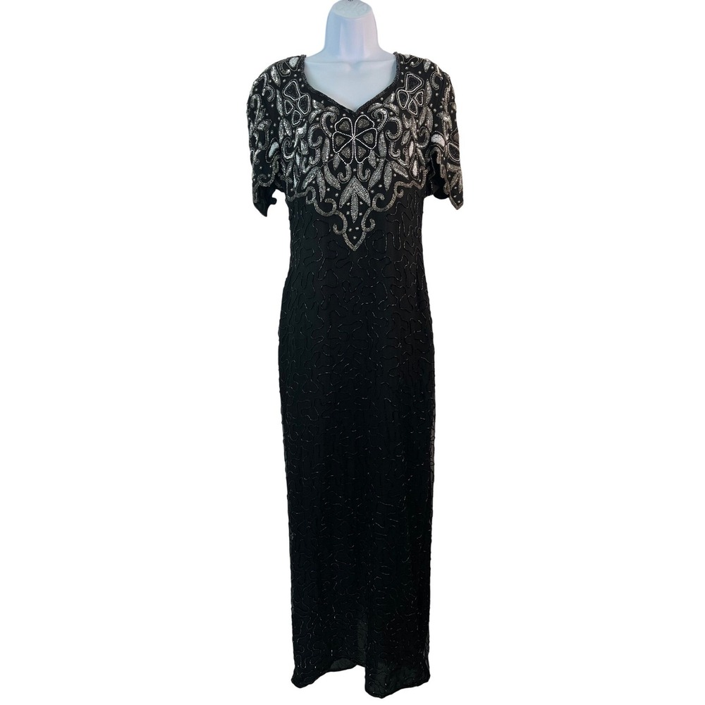 Silk Beaded Evening Dress‎ M Y2K Gown Black Silver Cocktail Party Formal Vintage